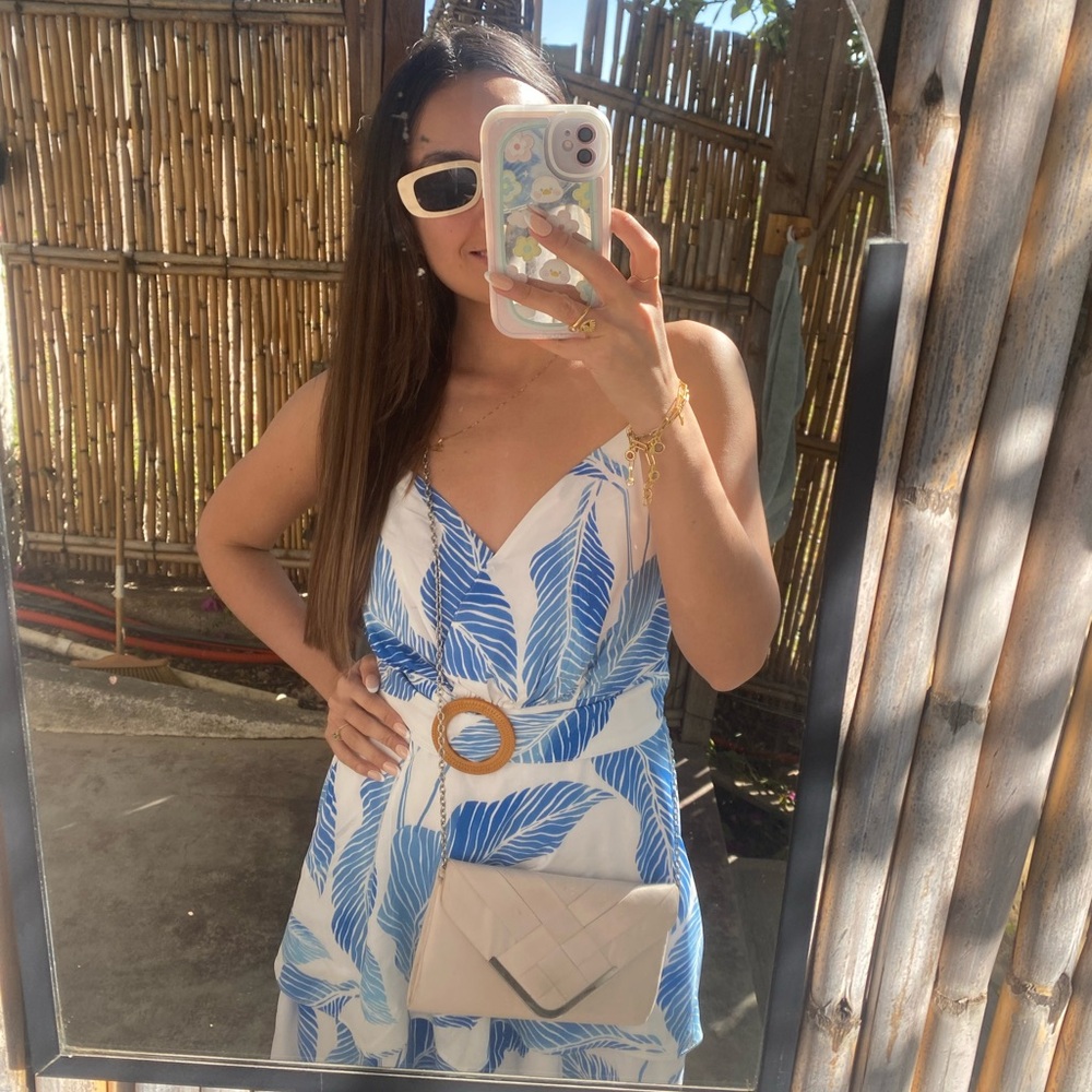 Blue and White Leaf Print Dress